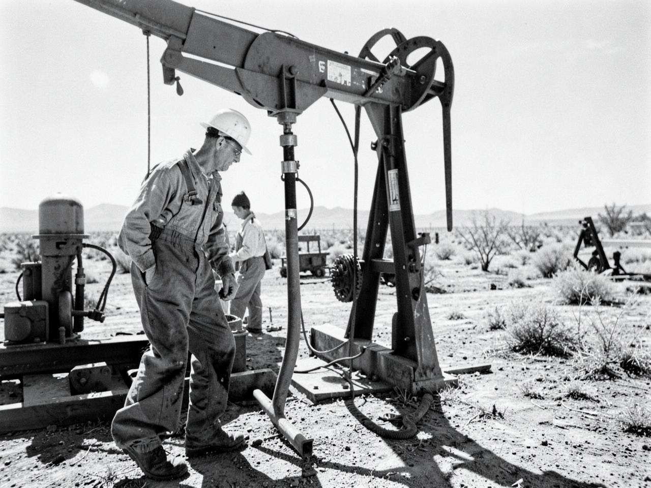 Oilfield technician inspecting a pump jack in the field