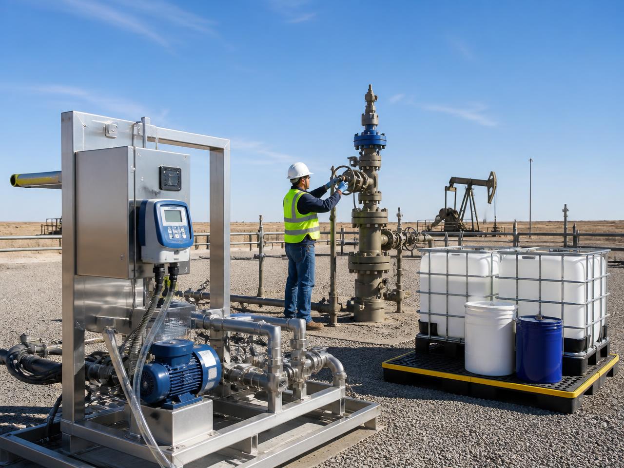 Modern chemical injection skid and organized product totes at a tidy wellhead