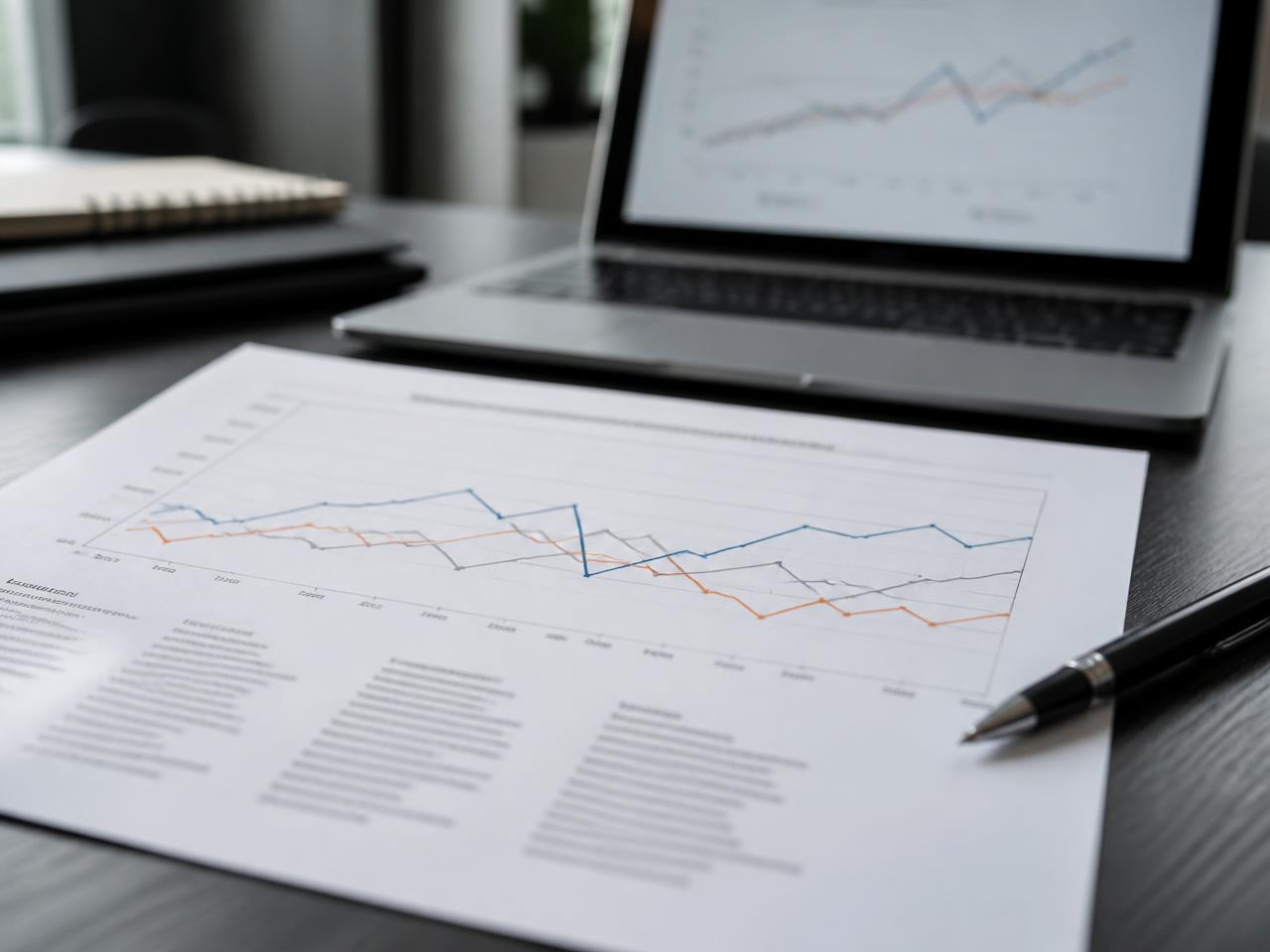 Printed production data chart and laptop showing a trend graph on a desk